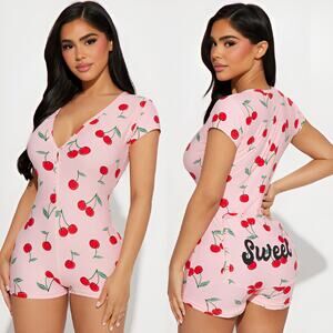 Not Tired Womens Sweet Cherry Sleep Lounge Pajama Peekaboo Romper Size M Pink